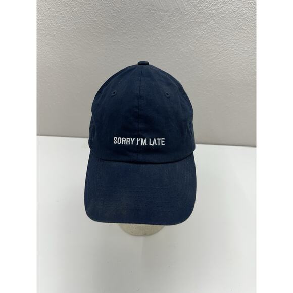 PAG Baseball Hat Navy Blue Sorry I'm Late Embroidered Text Adjustable Cap - Picture 1 of 8